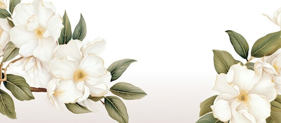 Template design for a wedding invitation card with white Semi double Camellia flowers and leaves