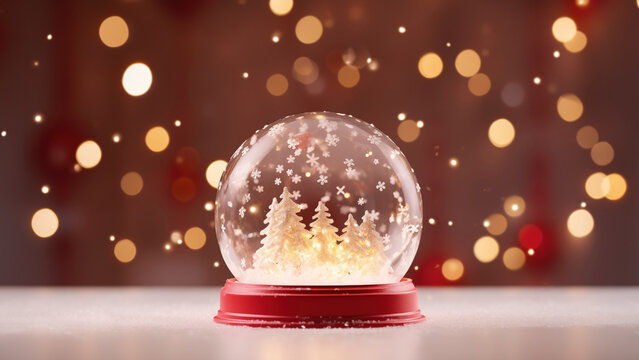 Happy New Year and Merry Christmas, Xmas with trees and house, Glass snow globe, Festive Christmas object, Holiday poster, generative ai
