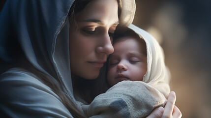 Portrait of Mary with baby Jesus in her arms. Nativity of Jesus. Christmas concept. - Powered by Adobe