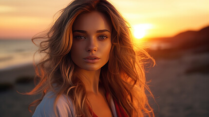 Fototapeta premium Beautiful young stylish woman at sunset at the beach.