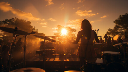 Women musician playing drums infront of crowd during beatiful sunset.