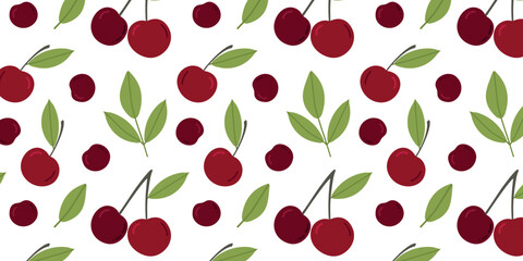 Red cherries seamless pattern isolated on white background. Cherry fruit pattern, cute fruit seamless background with berries. Cherries with leaves. Vector illustration