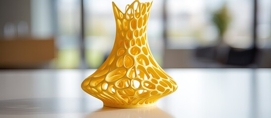 Yellow 3D printed abstract object on a white table FDM technology in the 4 0 industrial revolution