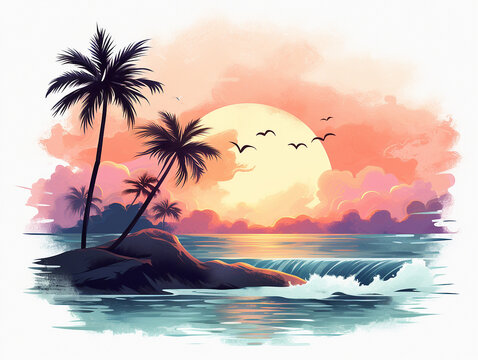 watercolor clipart of a serene sunset  scene with gentle waves