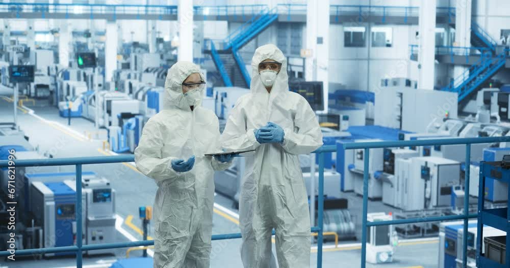Aufkleber Two Female Technicians in Protective Coveralls Having a Conversation and Using Tablet Computer. Specialists Monitoring, Analyzing Conditions at a Modern Electronics Factory with Automated Robots