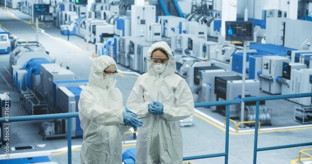 Poster female workers wearing full-body polypropylene coveralls at a manufacturing plant. specialists using