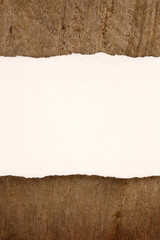 Weathered wood background and blank piece of light colored torn paper for text.