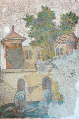 Rich villa, garden and river. Ancient byzantine multicolored mosaic