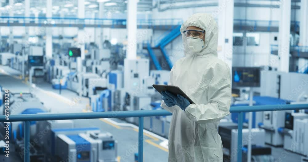 Aufkleber industrial scientist wearing disposable protective suit, mask and goggles at a production plant. fem