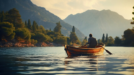 Man on Rustic lake boat in Mediterranean lake.