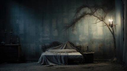 An old bedroom with a bed and a tree, AI - obrazy, fototapety, plakaty