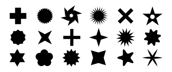 Collection of brutal modern figures, stars, circle and other elements. Set of abstract minimal geometric elements, shapes Brutalist design.