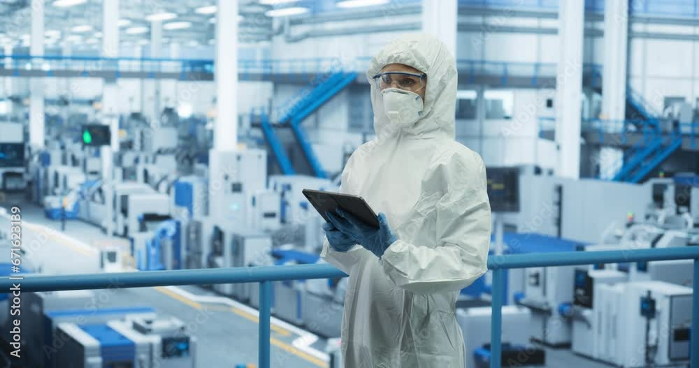 Aufkleber Female Technician in Protective Coveralls, Mask and Eyewear Using Tablet Computer at a Manufacturing Complex. Specialist Monitoring Conditions at a Modern Electronics Factory with Automated Robots