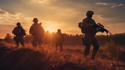 A group of modern soldiers during patrol and security of the territory. They move across the steppe terrain in the rays of the setting sun.