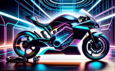 A modern motorcycle. Background neon rays, light. AI