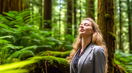 Business Woman Finding Serenity in the Heart of a Lush Forest