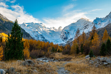 A close-up view of the Morteratsch glacier in autumn, Engadin, Switzerland.
