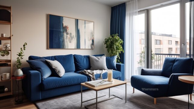 Modern blue interior of the living room