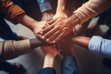Group of people holding and stacking hands together.