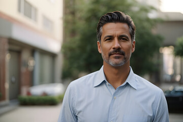 Fototapeta premium Portrait of happy biracial man looking at camera and smiling , with copy space. Spending quality time, lifestyle, summertime and vacation concept.