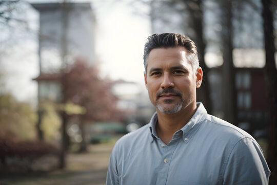 Portrait of happy biracial man looking at camera and smiling , with copy space. Spending quality time, lifestyle, summertime and vacation concept. - Powered by Adobe