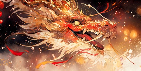 Red, gold dragon with energy, splash, flames, entering the New Chinese lunar year 2024 on dark background. Cosmic event, astrology, esoteric mythology. Card, banner