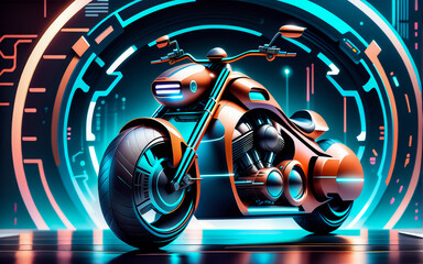 A modern chopper motorcycle. Background neon rays, light. AI
