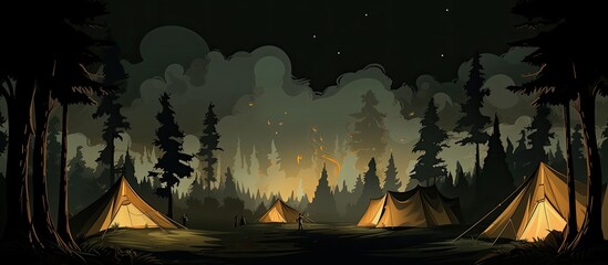 Five wooden tents next to a dark forest with smoke from a campfire floating above Evening at the childrens camp a holiday adventure