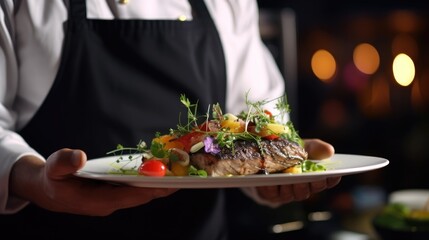 Waiter is holding a plate with food - obrazy, fototapety, plakaty