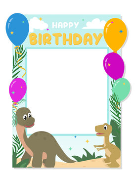 Happy Birthday Dino themed party concept for photo frame, poster, invitation, backdrop. Cartoon photo booth prop with cute T-rex, triceratops and Brachiosaurus. Flat style Vector illustration