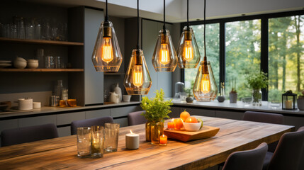 Interior details of a modern kitchen using glass and wood in the interior, designer lamps above the kitchen table, use of natural materials, simple and clean lines in design - obrazy, fototapety, plakaty