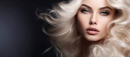 Fototapeta premium Young blonde woman with perfect make up on dark background. Hair cosmetics salon banner