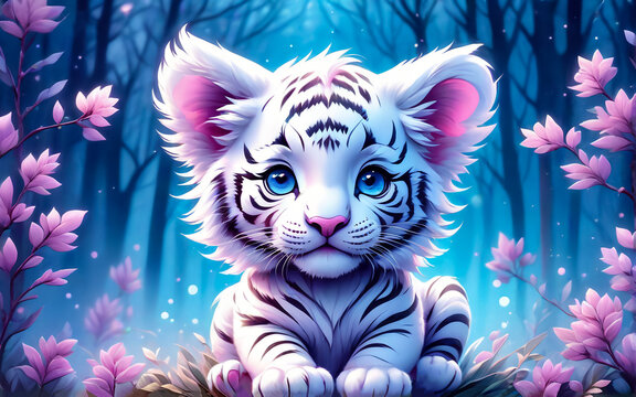 A white tiger cub. Fantastic landscape in pink and blue tones.. AI