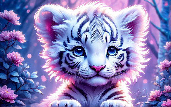 A white tiger cub. Fantastic landscape in pink and blue tones.. AI
