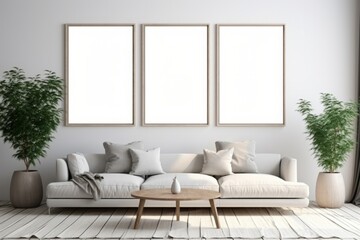 Mockup frame in interior background, room in light pastel colors, Scandi-Boho style