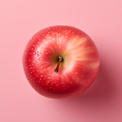 Top view of ed apple with green leaf isolated on the pink pastel background