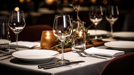 Tableware and wine glasses in a restaurant, AI generative