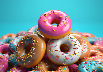 A bunch of delicious donuts covered with frosting and sprinkles are stacked on top of each other on a blue background. Food concept artwork