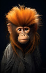 Obraz premium surreal and fantastical photo of monkey with a lion’s mane hairstyle. The hair is orange on top and gray on the bottom