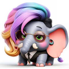 Stylish and fashionable baby elephant with colorful hair