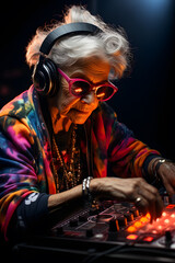 Old woman as a dj at work in the nightclub with professional music equipment. Electronic beat photo concept