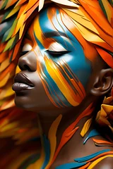 Fototapeten Close up portrait of a woman with mask and colorful abstract background with orange and blue tones.  © Emir