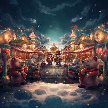 Christmas atmosphere with bears being the main characters, Bears dressed cutely and having fun carousel and an amusement park at the event