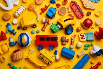 Colorful collection of children's toys on a yellow surface, promoting educational and sensory play. Generative AI