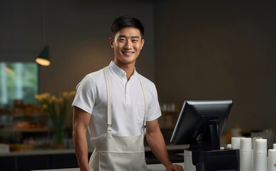 Asian Man Cashier Attractive Concept Generative AI