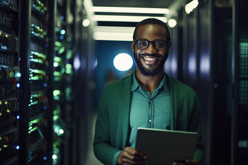 Portrait of a smiling African American IT specialist with tablet computer amidst rows of mainframes and servers in high-tech data centre. Space for text