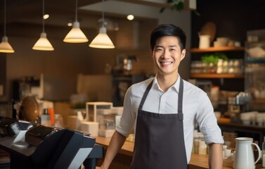 Fototapeta premium Asian Man Cashier Attractive Setting Generative AI