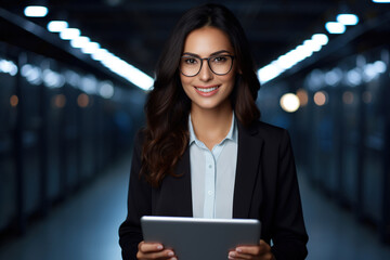 Portrait of beautiful smiling businesswoman, stands with digital tablet against server rows in data center. Happy female IT specialist in a server room.