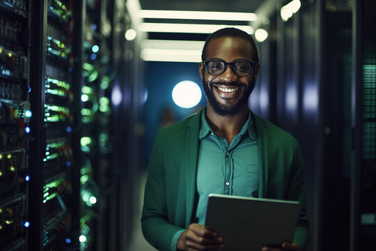 Portrait of a smiling African American IT specialist with tablet computer amidst rows of mainframes and servers in high-tech data centre. Space for text