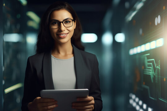 Portrait of smiling female technician with digital tablet in a high-tech futuristic data center, monitor servers and ensuring smooth operation of the cutting-edge IT infrastructure
